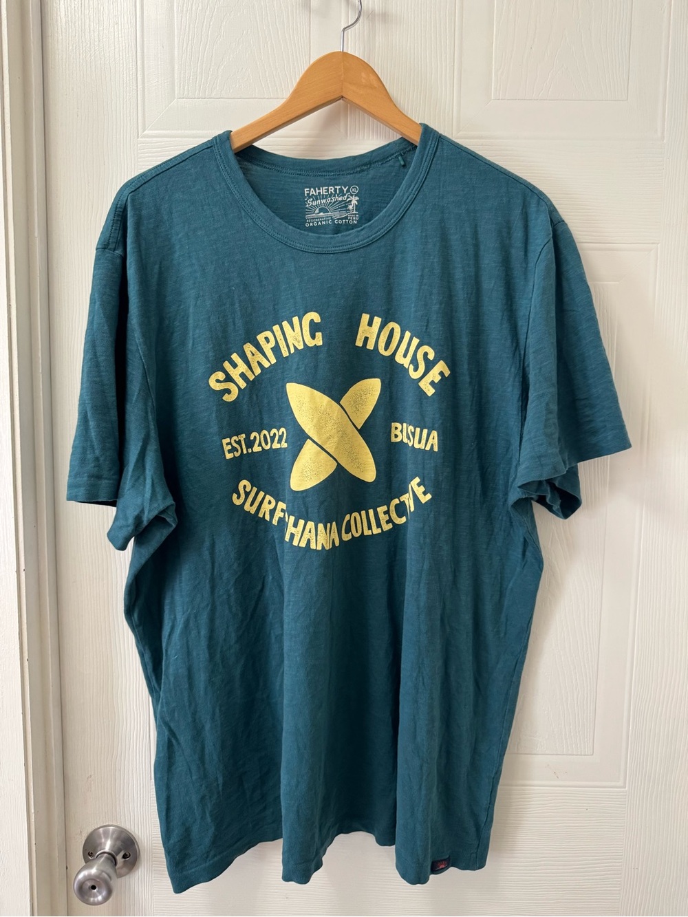 Faherty Teal Short-Sleeve Tee with Yellow Surf Logo